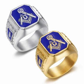 Wholesale Titanium steel gold plated blue glue Masonic hip hop style Ring