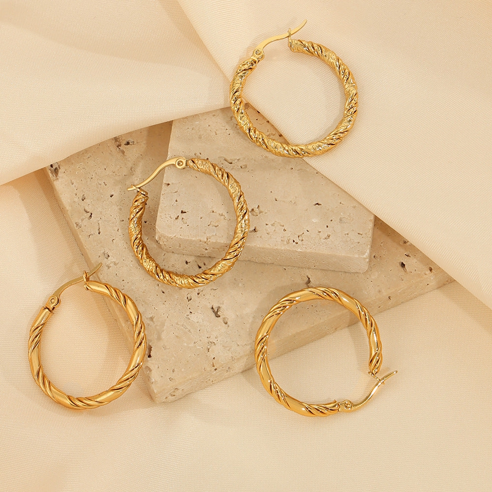 Wholesale Titanium Steel Gold Plated Hemp Pattern Large Earrings
