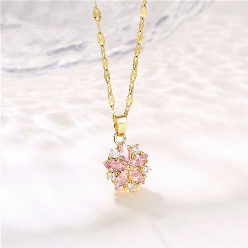 Wholesale Titanium Steel Gold-plated Pink Cherry Blossom Necklaces