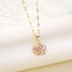 Wholesale Titanium Steel Gold-plated Pink Cherry Blossom Necklaces