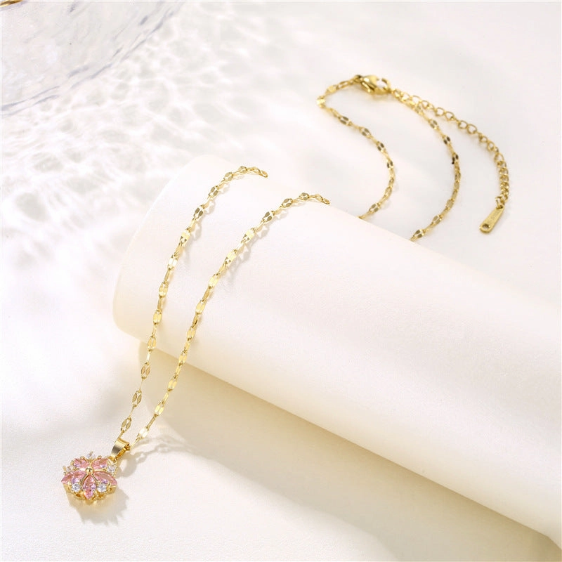 Wholesale Titanium Steel Gold-plated Pink Cherry Blossom Necklaces