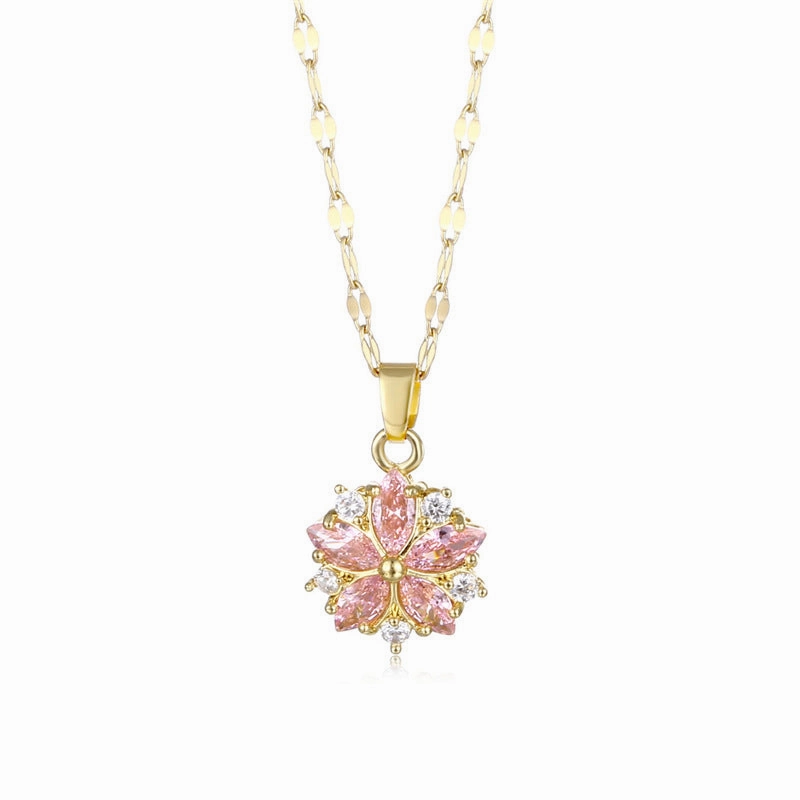 Wholesale Titanium Steel Gold-plated Pink Cherry Blossom Necklaces