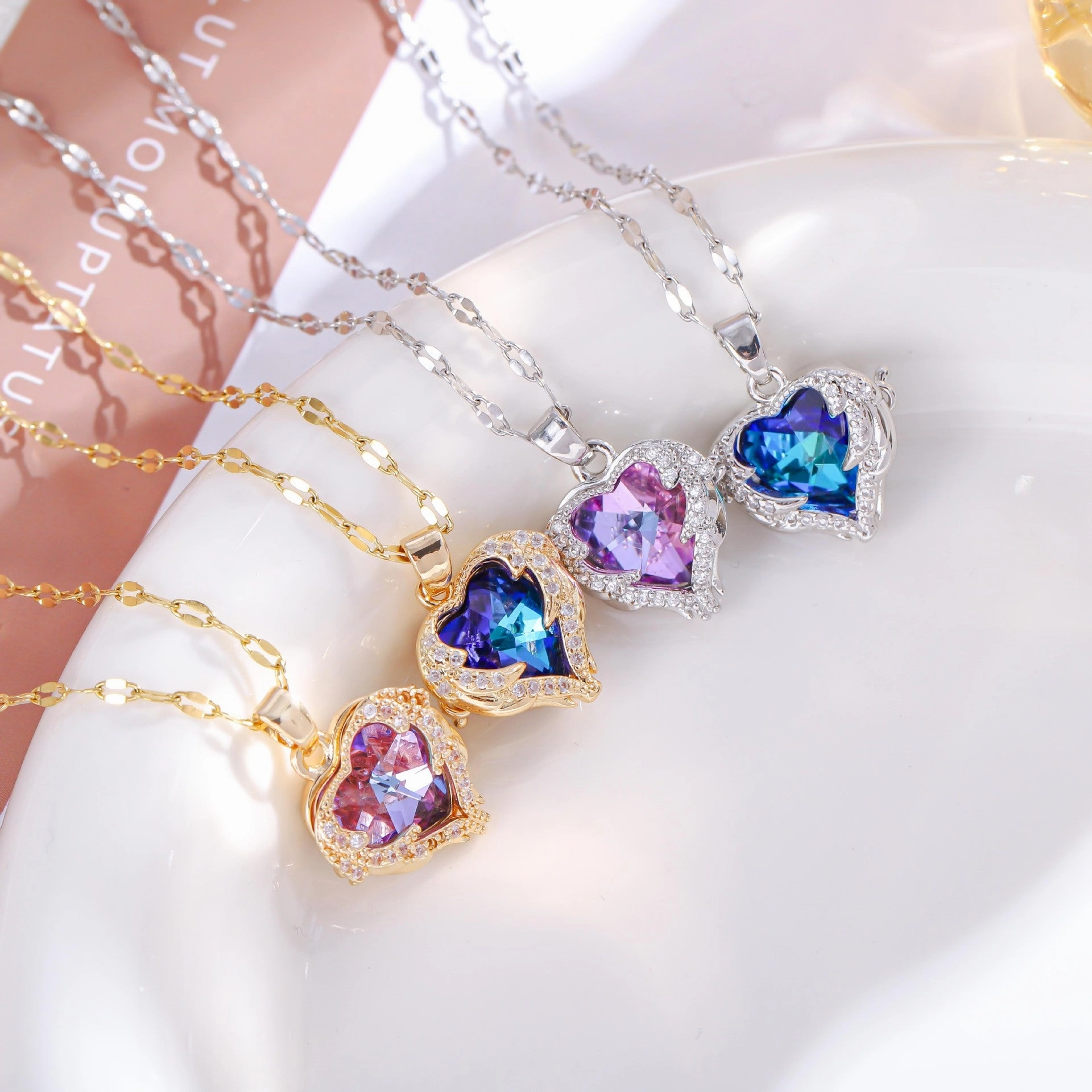 Wholesale titanium steel gold plated silver plated blue crystal ocean heart necklace
