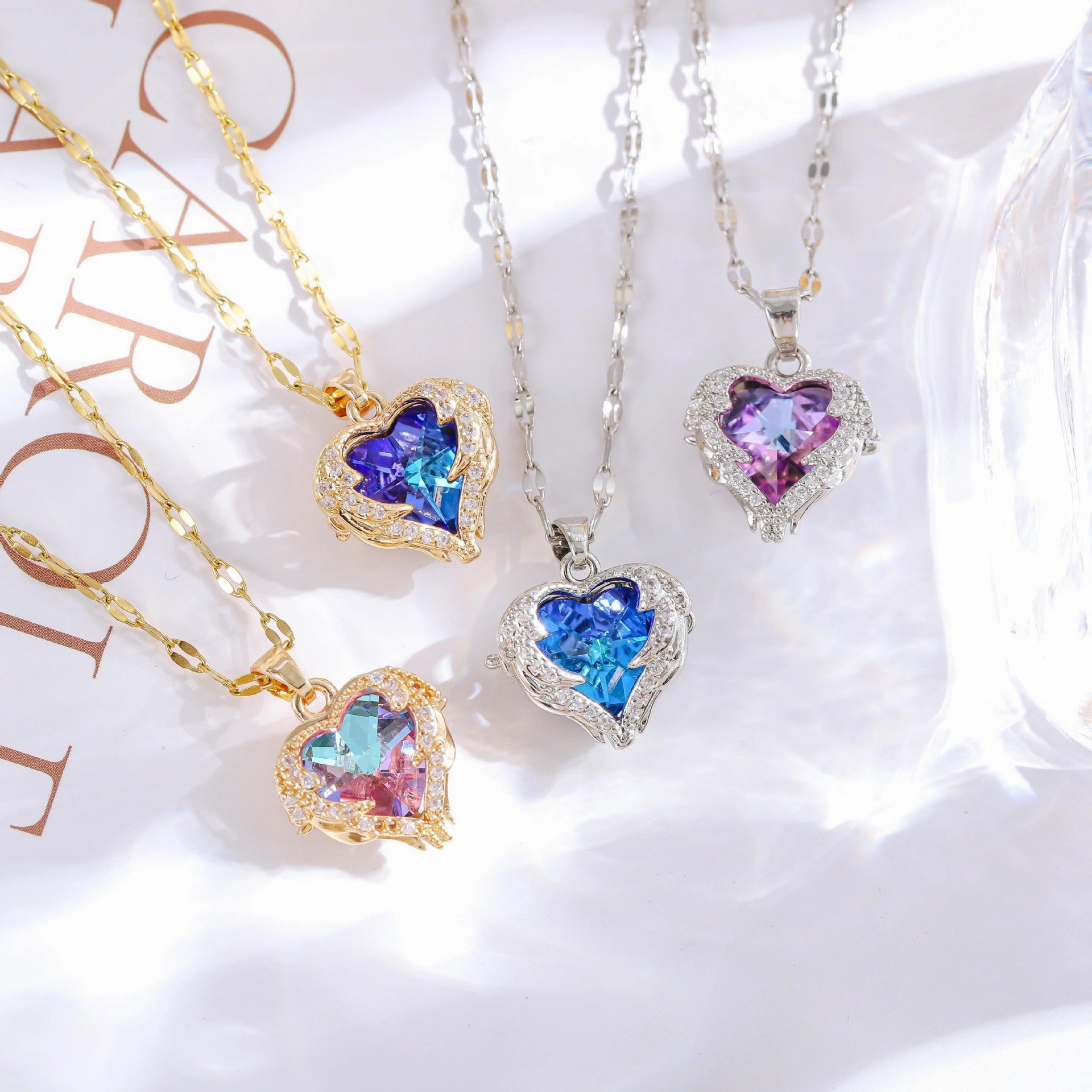 Wholesale titanium steel gold plated silver plated blue crystal ocean heart necklace