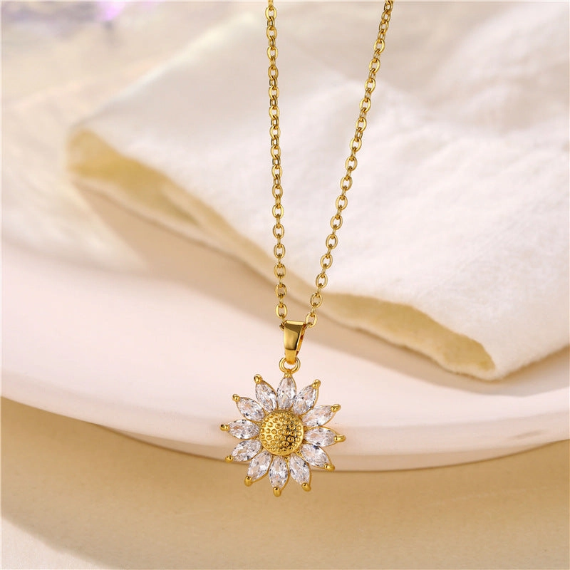 Wholesale Titanium Steel Gold-plated Sunflower Zircon Necklace