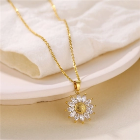 Wholesale Titanium Steel Gold-plated Sunflower Zircon Necklace