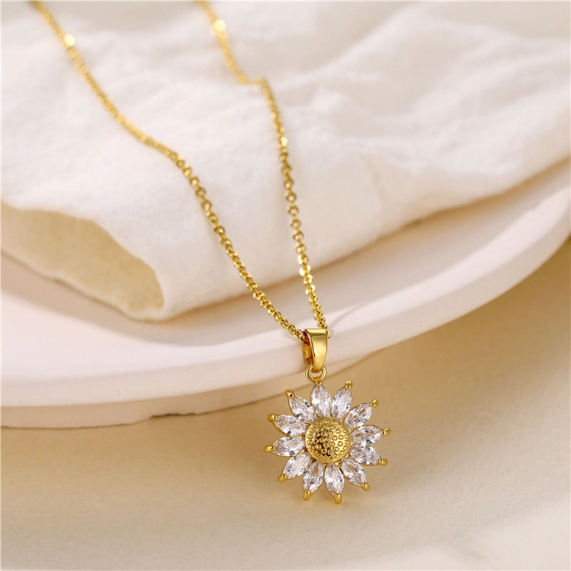 Wholesale Titanium Steel Gold-plated Sunflower Zircon Necklace
