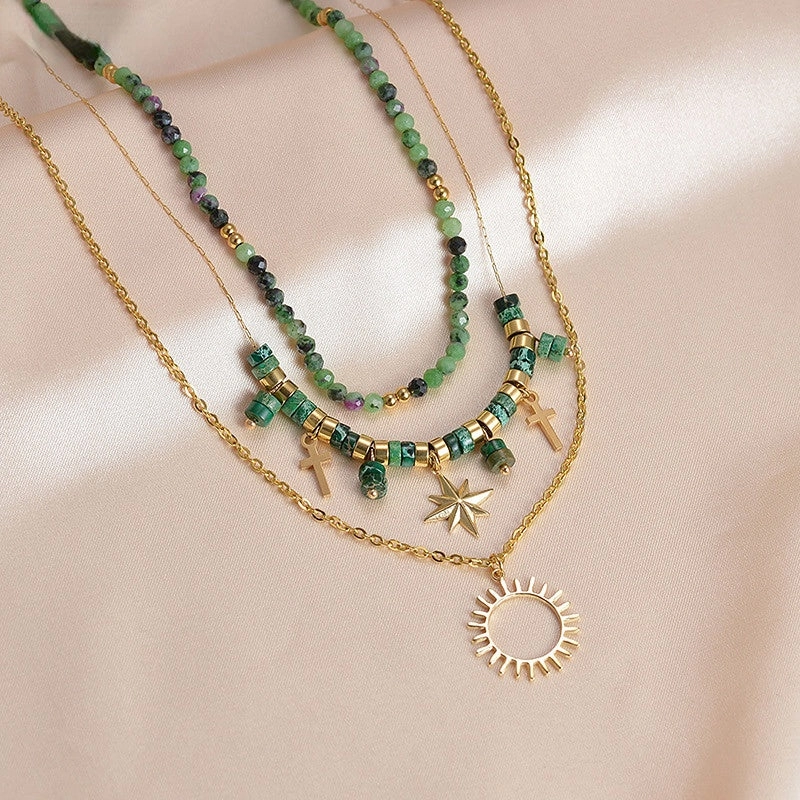 Wholesale Titanium Steel Green Beads Eight Mangxing Cross Sun Pendant Necklace