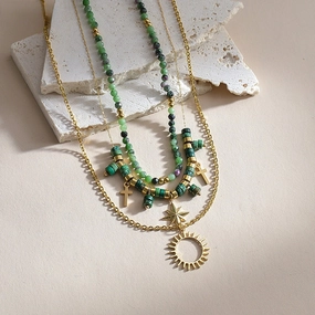 Wholesale Titanium Steel Green Beads Eight Mangxing Cross Sun Pendant Necklace