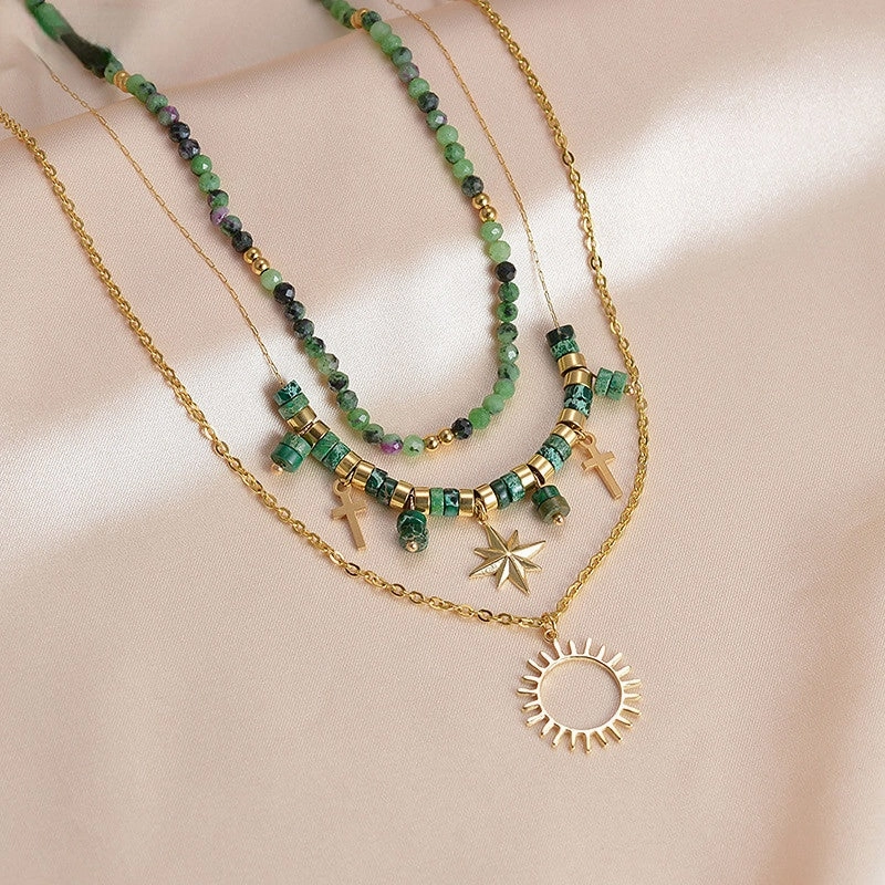 Wholesale Titanium Steel Green Beads Eight Mangxing Cross Sun Pendant Necklace
