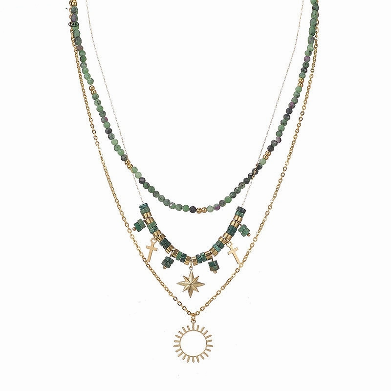 Wholesale Titanium Steel Green Beads Eight Mangxing Cross Sun Pendant Necklace
