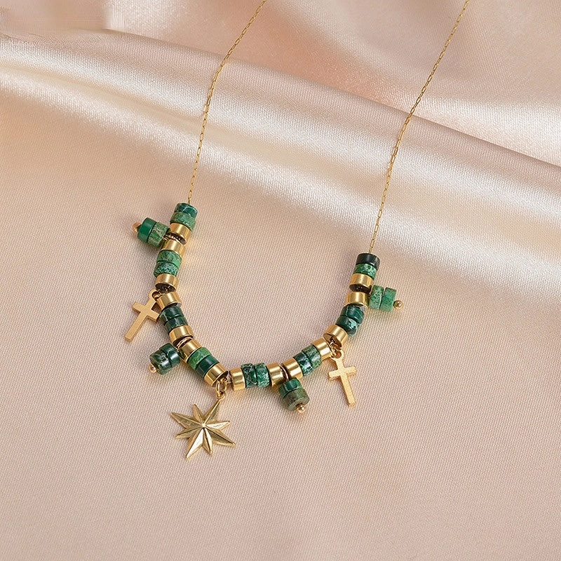Wholesale Titanium Steel Green Beads Eight Mangxing Cross Sun Pendant Necklace