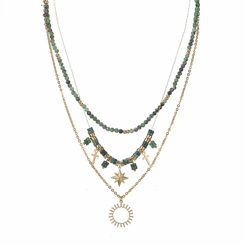Wholesale Titanium Steel Green Beads Eight Mangxing Cross Sun Pendant Necklace