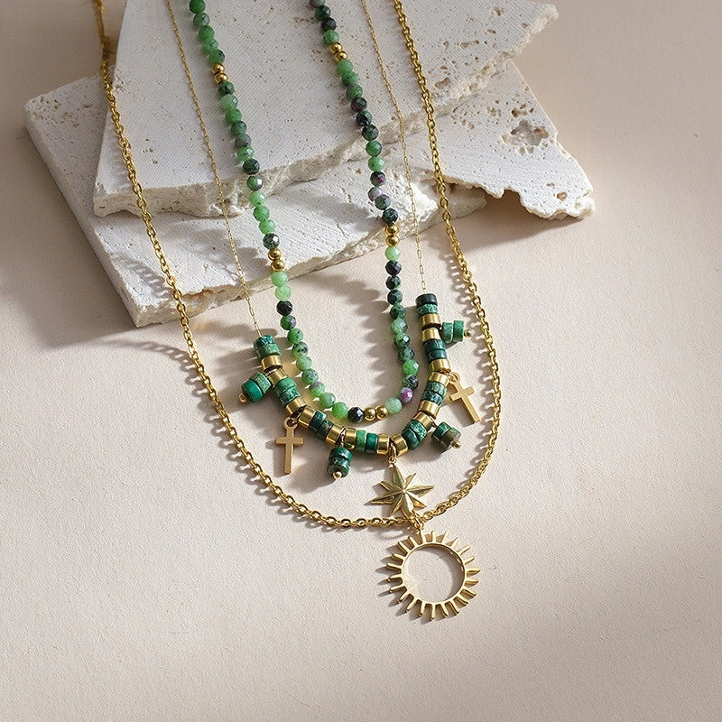 Wholesale Titanium Steel Green Beads Eight Mangxing Cross Sun Pendant Necklace