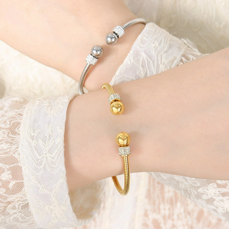 Wholesale Titanium Steel Inlaid Rang Rhinestone Bead Open Bracelet