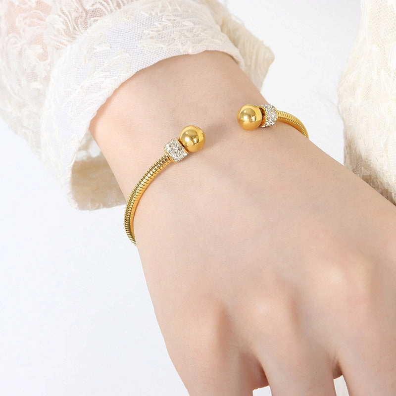 Wholesale Titanium Steel Inlaid Rang Rhinestone Bead Open Bracelet