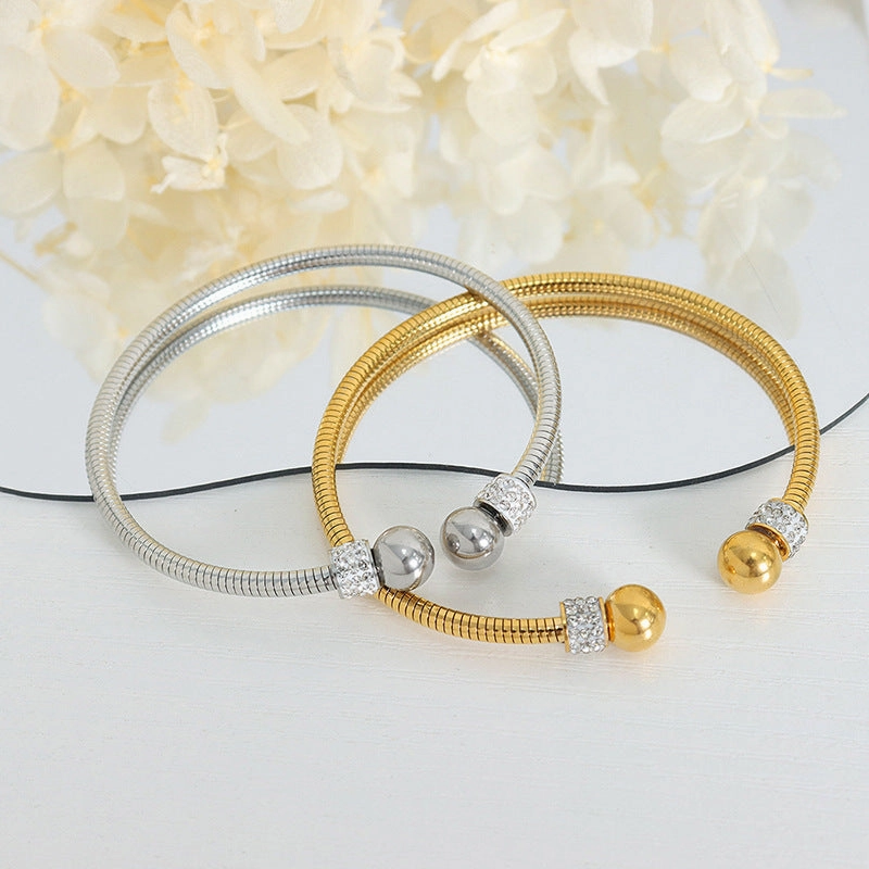Wholesale Titanium Steel Inlaid Rang Rhinestone Bead Open Bracelet