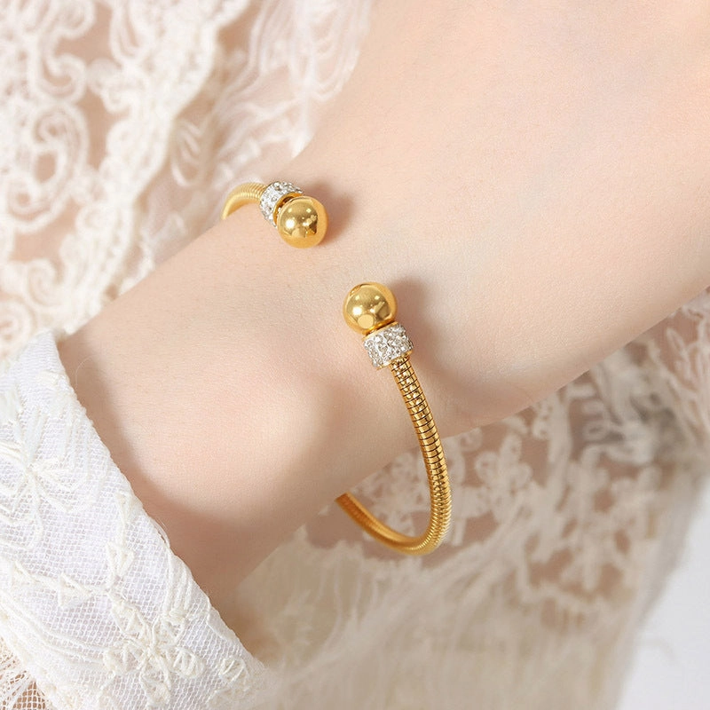Wholesale Titanium Steel Inlaid Rang Rhinestone Bead Open Bracelet