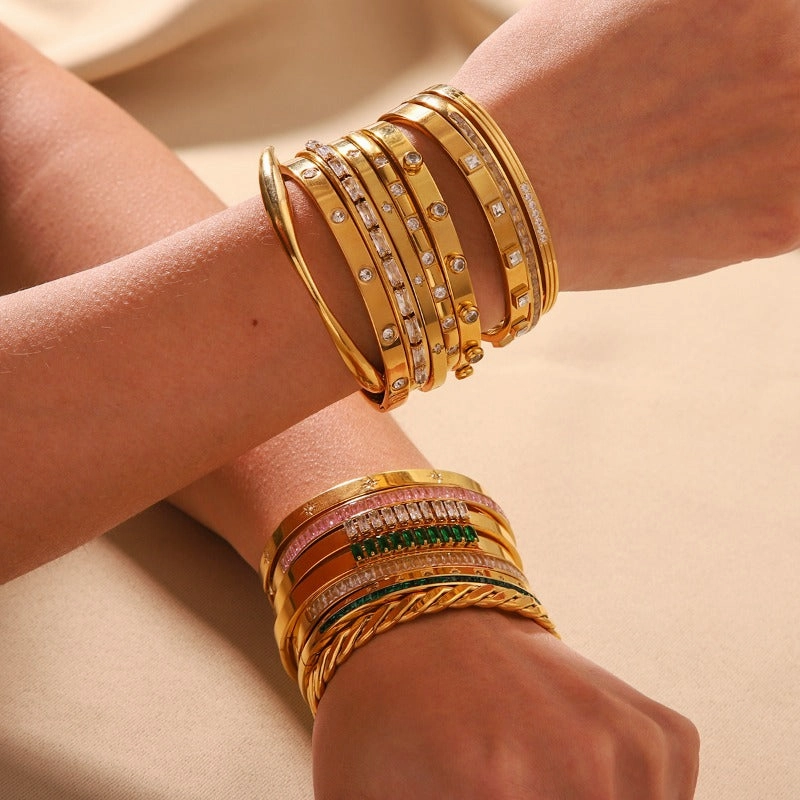 Wholesale Titanium Steel Inlaid Zircon Retro Wide Edge Full Diamond Plated 18K Real Gold Irregular Bracelet