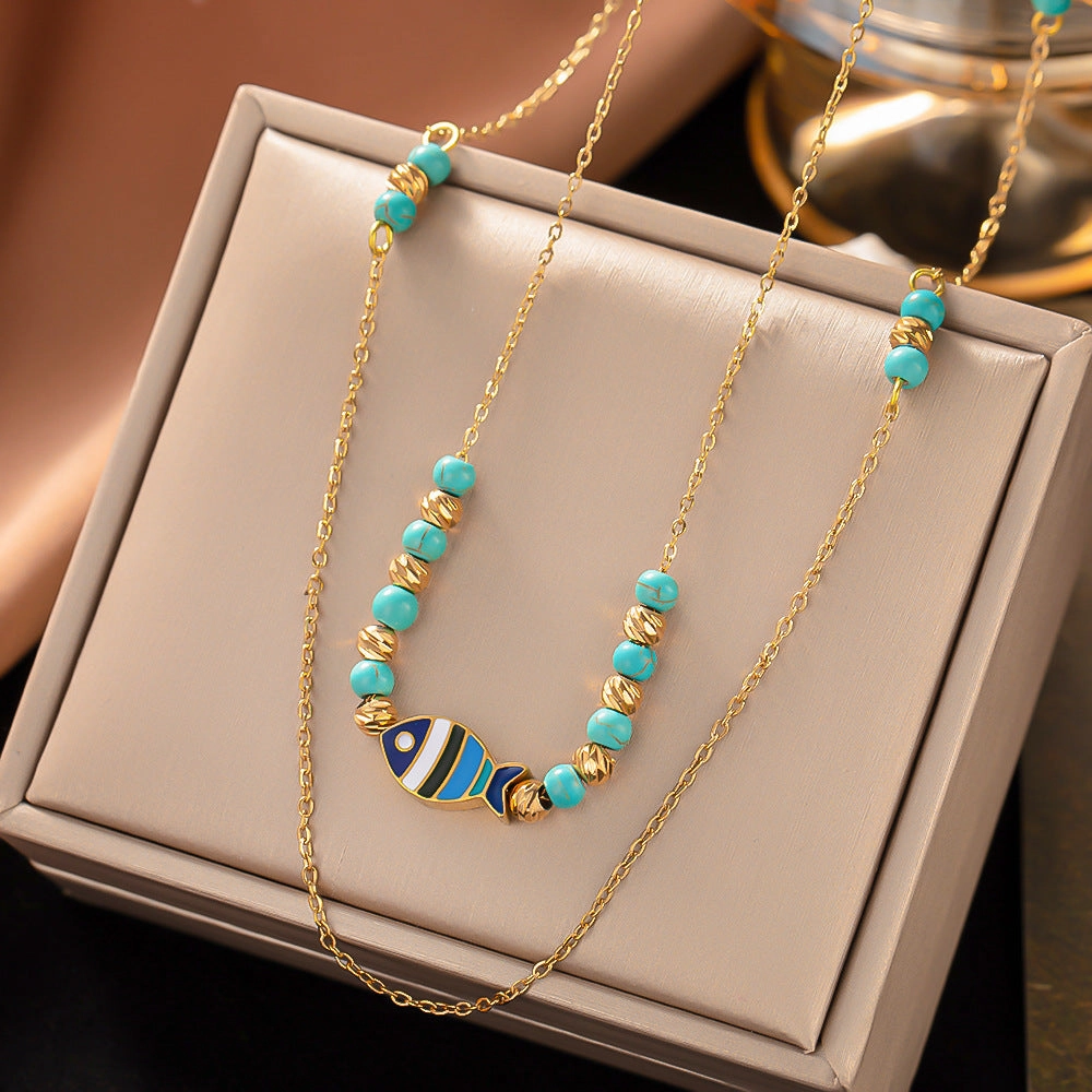 Wholesale Titanium Steel Layered Wear Drop Turquoise Necklace