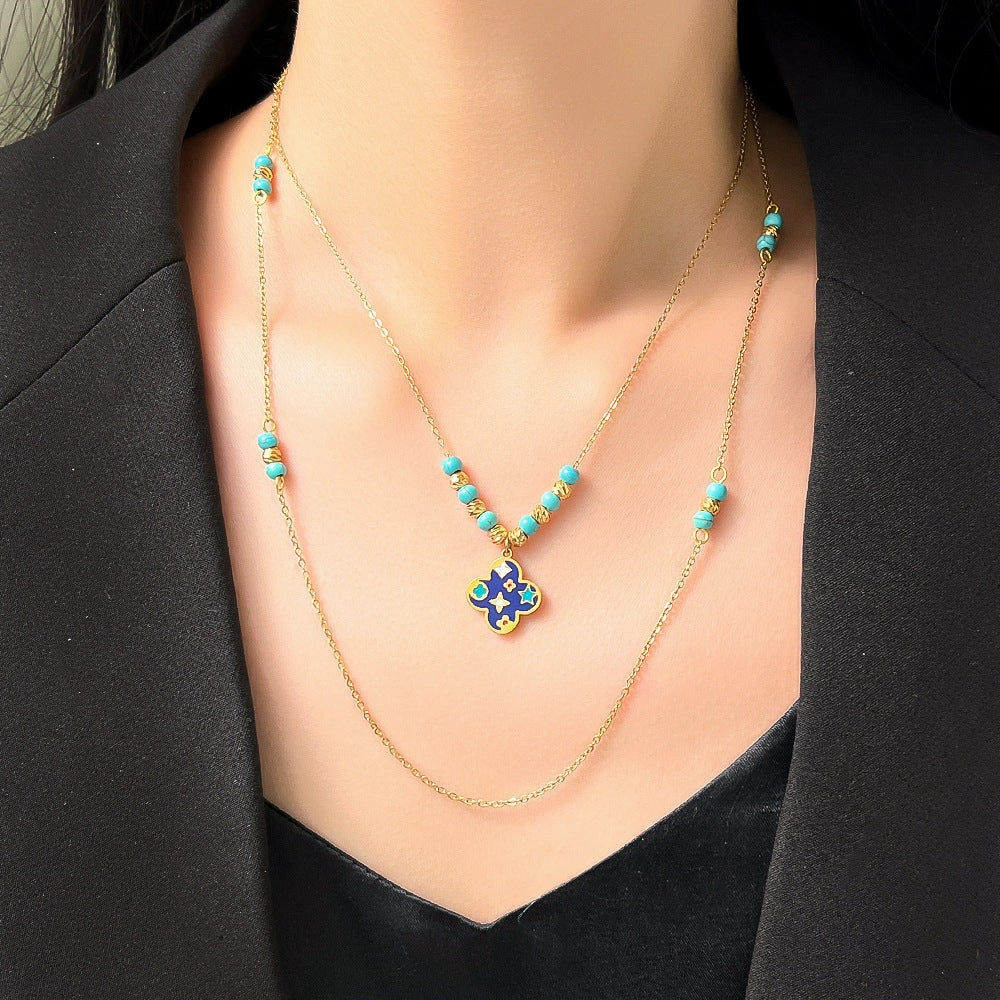 Wholesale Titanium Steel Layered Wear Drop Turquoise Necklace