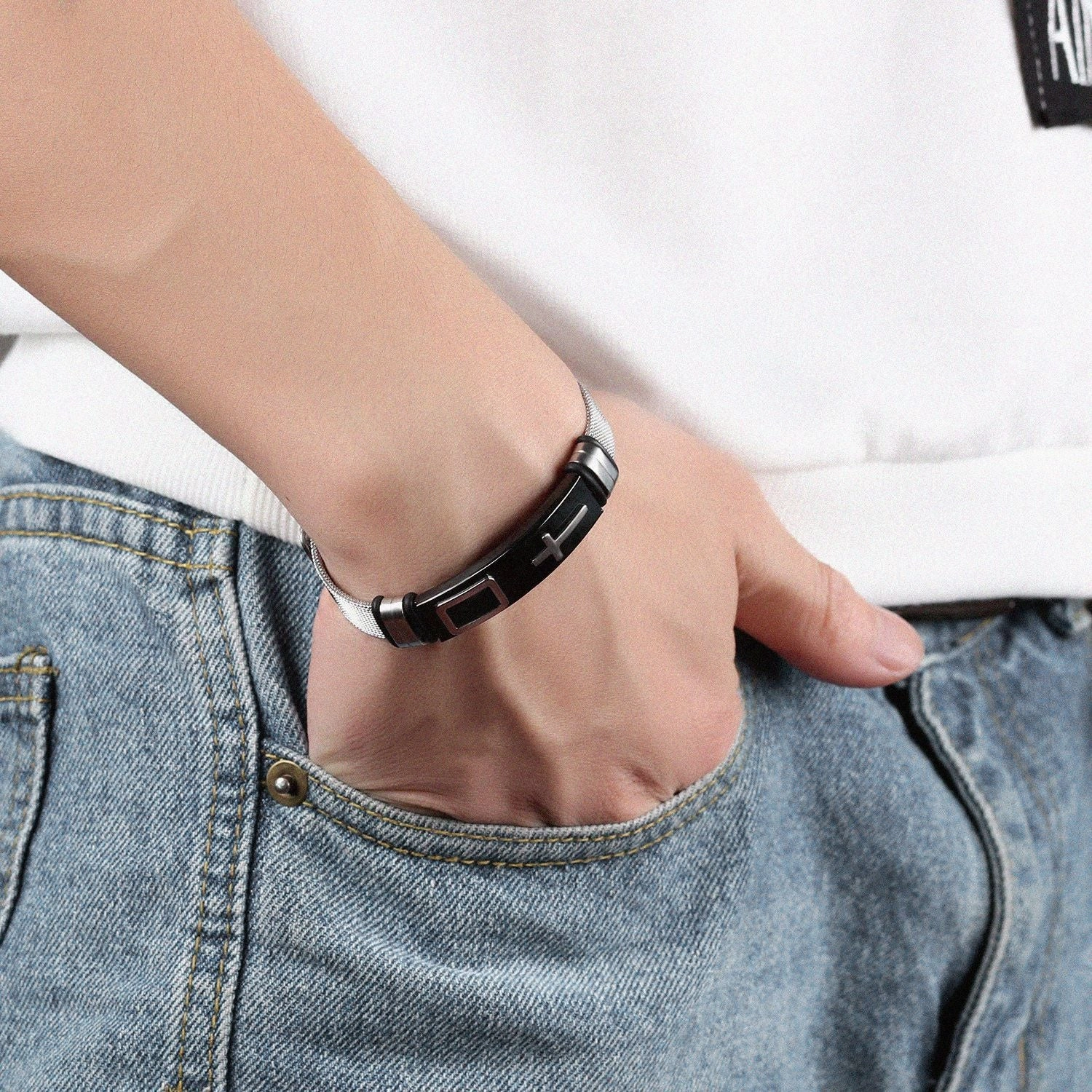 Wholesale Titanium Steel Mesh Bracelet with Cross for Men
