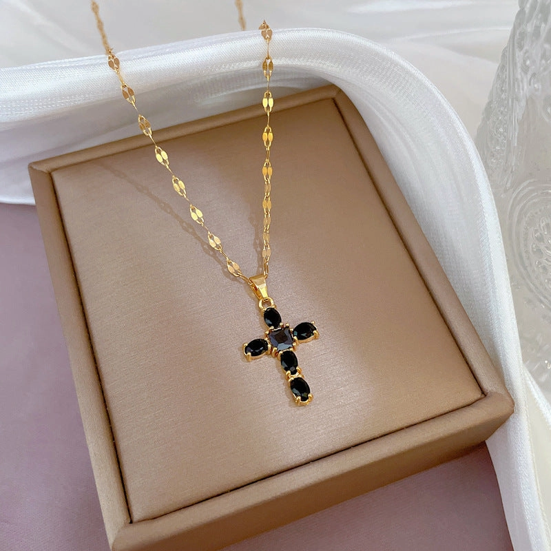 Wholesale Titanium Steel Micro-paved Light Luxury Zircon Cross Necklace Clavicle Chain