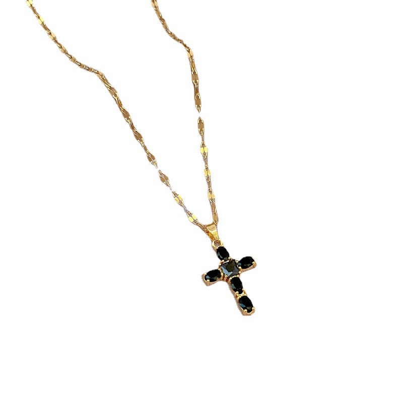 Wholesale Titanium Steel Micro-paved Light Luxury Zircon Cross Necklace Clavicle Chain