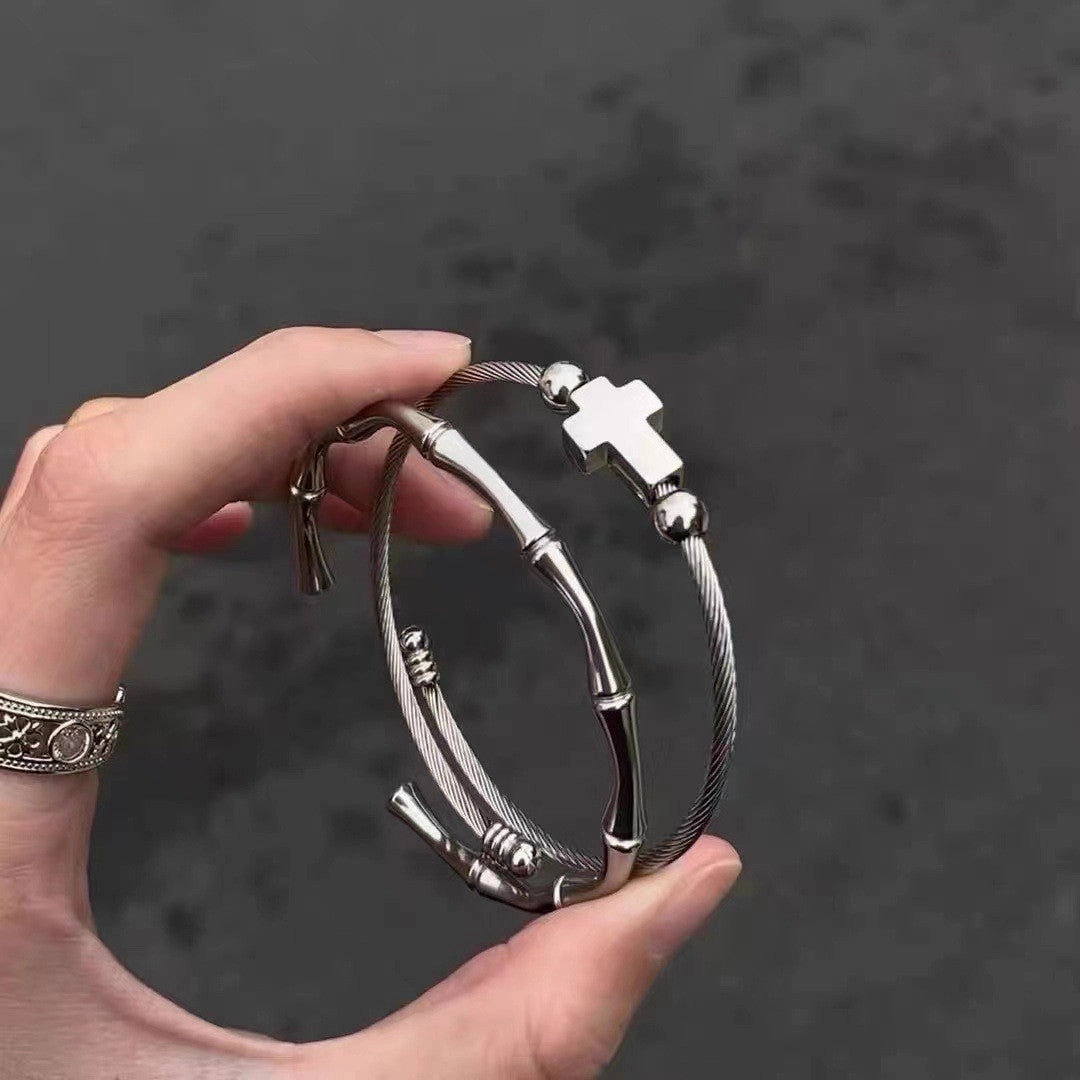 Wholesale Titanium steel non-fading retro winding cross bracelet stacking bamboo bracelet