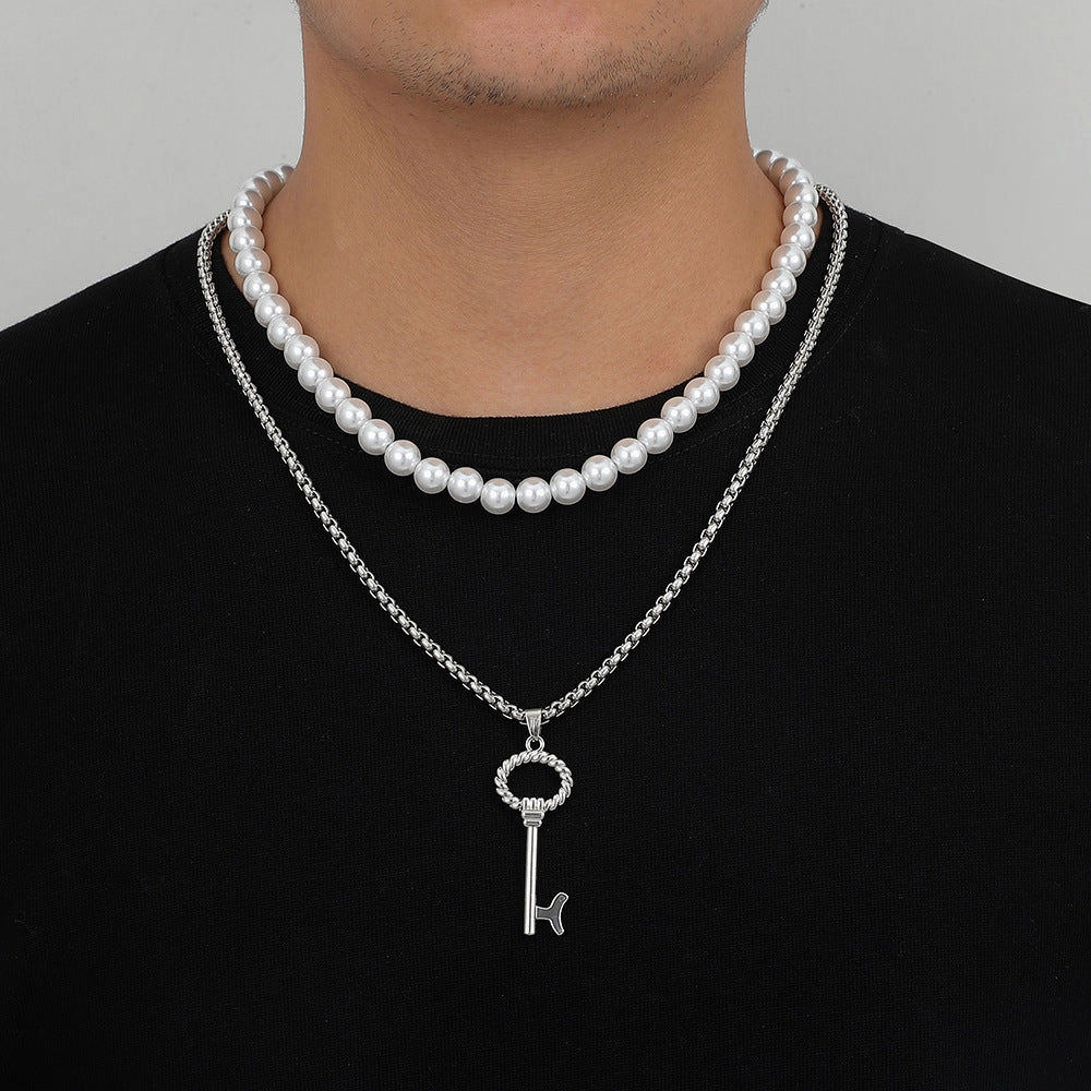 Wholesale Titanium Steel Pearl Stacked Men's Necklace