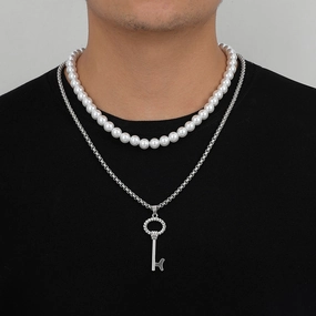 Wholesale Titanium Steel Pearl Stacked Men's Necklace