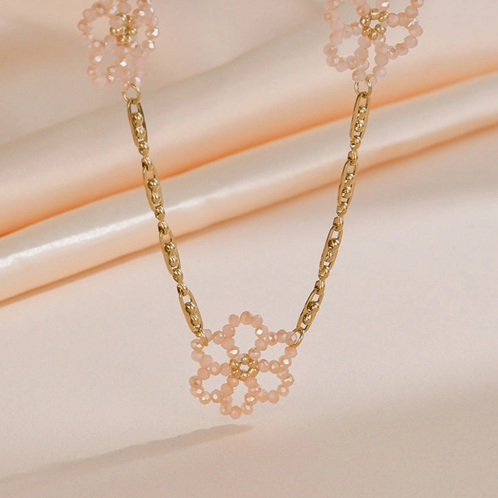 Wholesale Titanium Steel Pink Crystal Rice Pearl Flower Blossoming Necklace