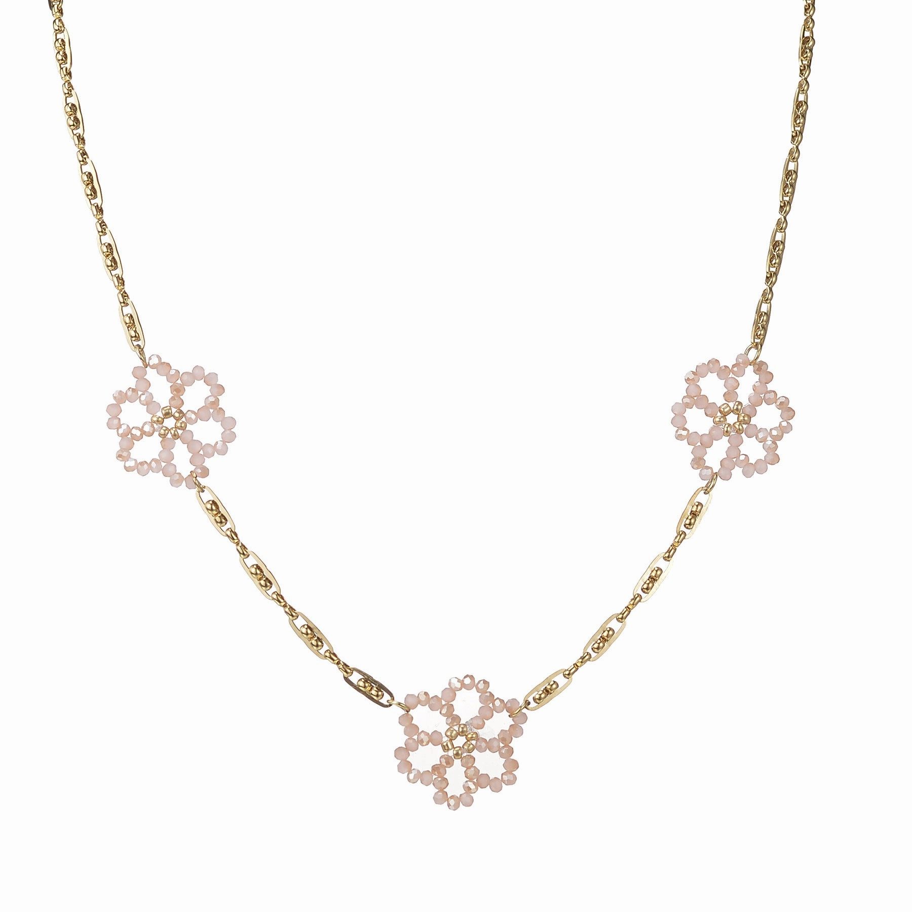 Wholesale Titanium Steel Pink Crystal Rice Pearl Flower Blossoming Necklace