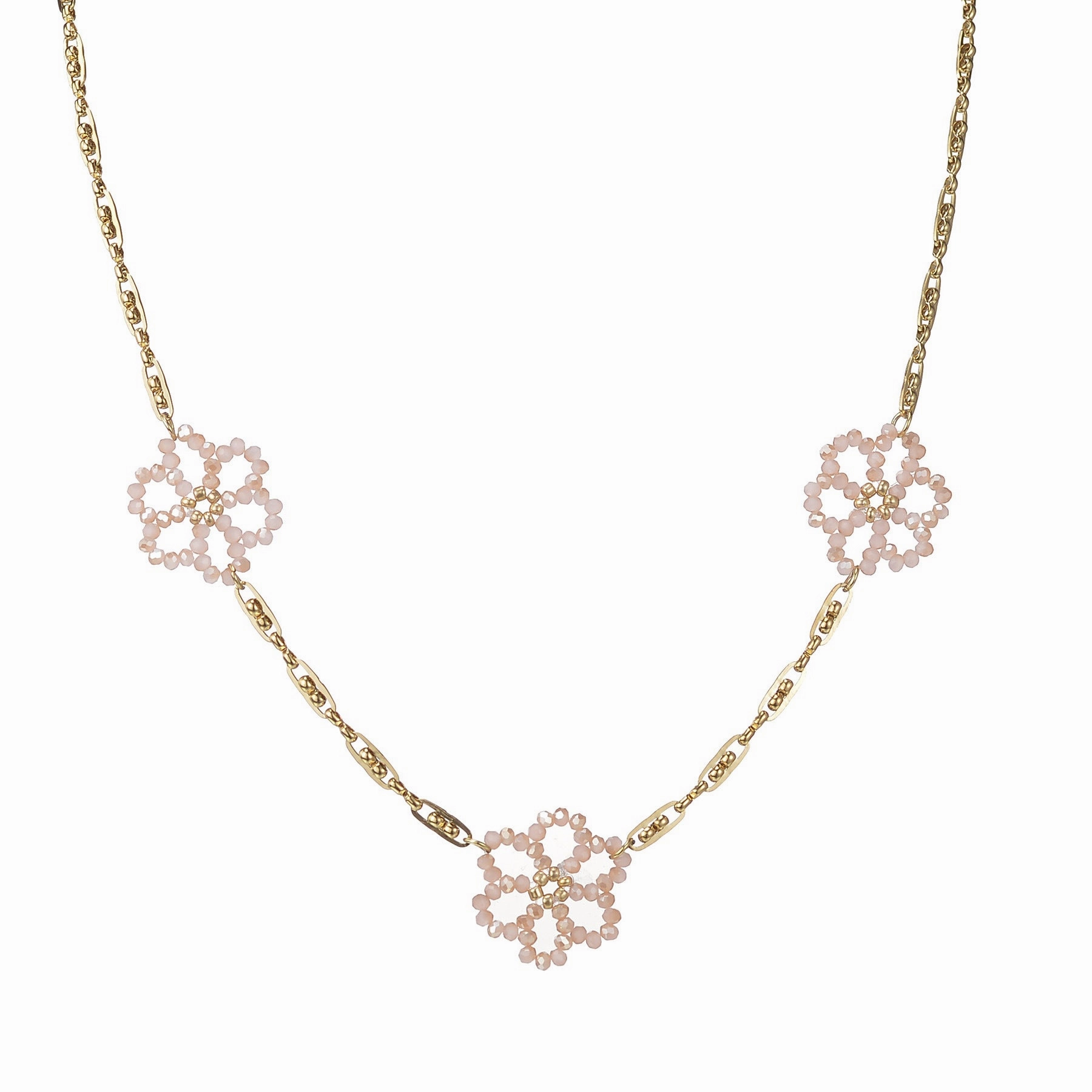 Wholesale Titanium Steel Pink Crystal Rice Pearl Flower Blossoming Necklace