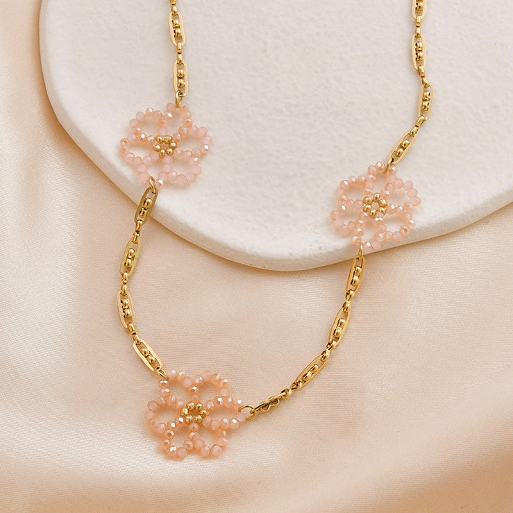 Wholesale Titanium Steel Pink Crystal Rice Pearl Flower Blossoming Necklace
