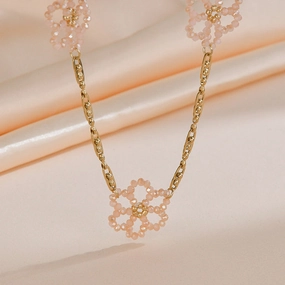 Wholesale Titanium Steel Pink Crystal Rice Pearl Flower Blossoming Necklace