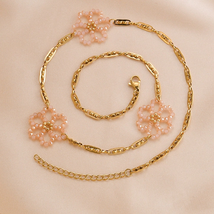 Wholesale Titanium Steel Pink Crystal Rice Pearl Flower Blossoming Necklace