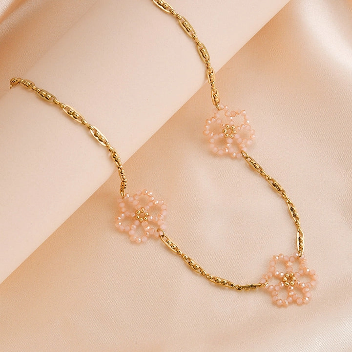 Wholesale Titanium Steel Pink Crystal Rice Pearl Flower Blossoming Necklace