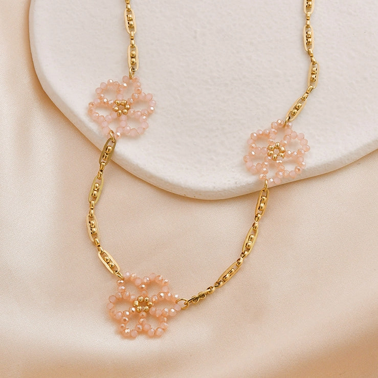 Wholesale Titanium Steel Pink Crystal Rice Pearl Flower Blossoming Necklace