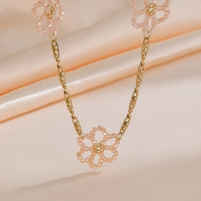 Wholesale Titanium Steel Pink Crystal Rice Pearl Flower Blossoming Necklace
