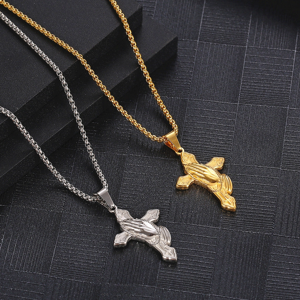 Wholesale Titanium Steel Praying Hands Cross Pendant Necklace