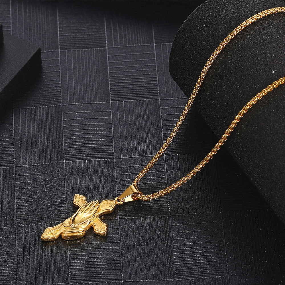 Wholesale Titanium Steel Praying Hands Cross Pendant Necklace