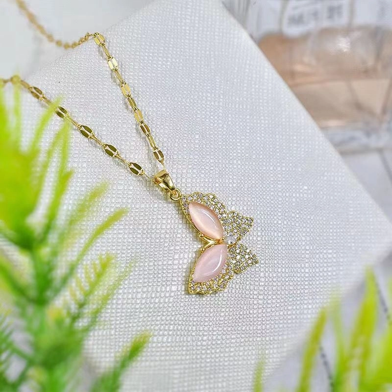 Wholesale Titanium Steel Rainbow Crystal Butterfly Necklaces