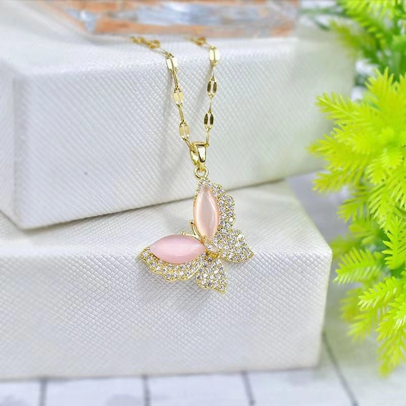 Wholesale Titanium Steel Rainbow Crystal Butterfly Necklaces