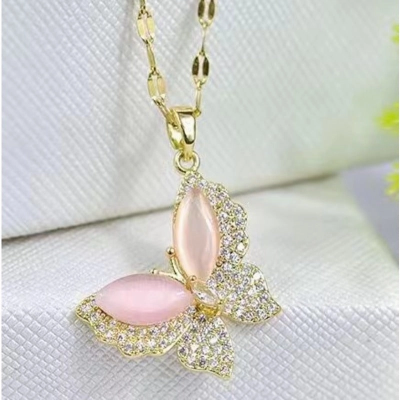 Wholesale Titanium Steel Rainbow Crystal Butterfly Necklaces