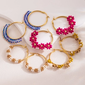 Wholesale Titanium Steel Round Beaded Flower Earrings
