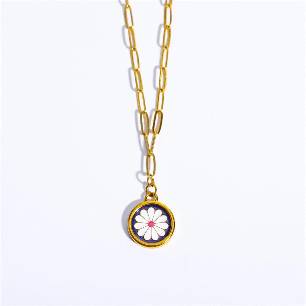 Wholesale Titanium Steel Small Daisy Round Coin Necklace
