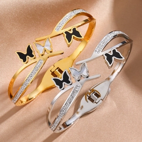 Wholesale Titanium Steel Stainless Steel Electroplated Zircon Extra Wide Butterfly Bracelet