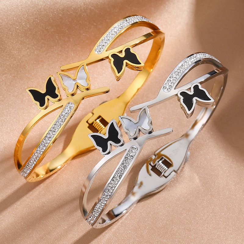 Wholesale Titanium Steel Stainless Steel Electroplated Zircon Extra Wide Butterfly Bracelet