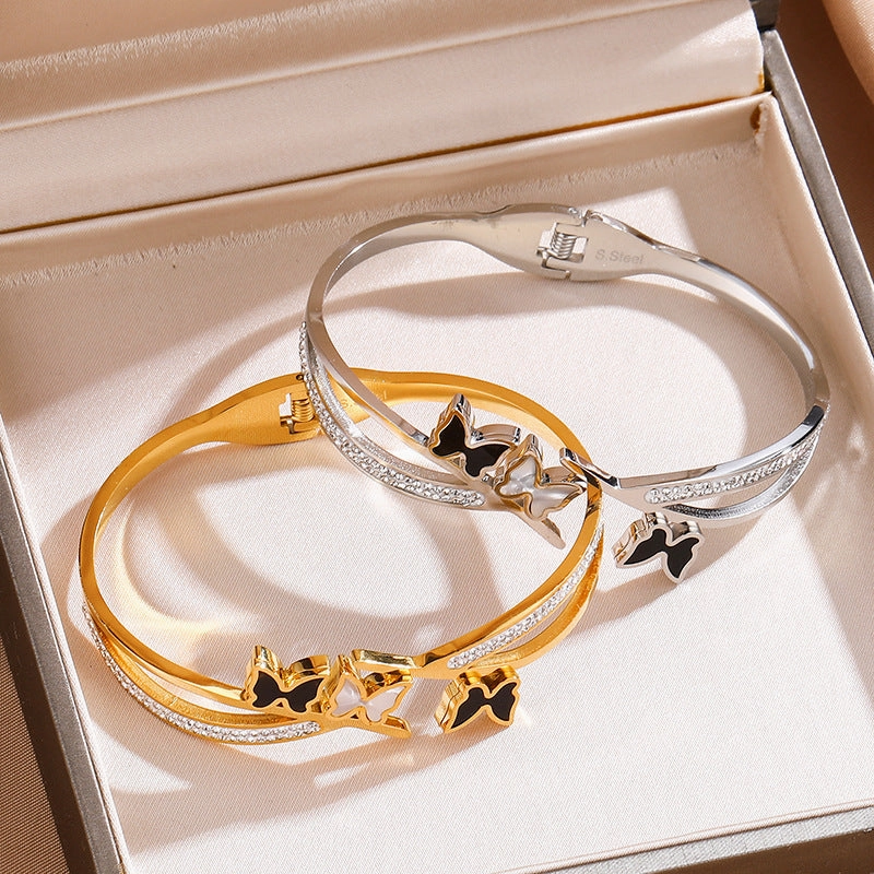 Wholesale Titanium Steel Stainless Steel Electroplated Zircon Extra Wide Butterfly Bracelet
